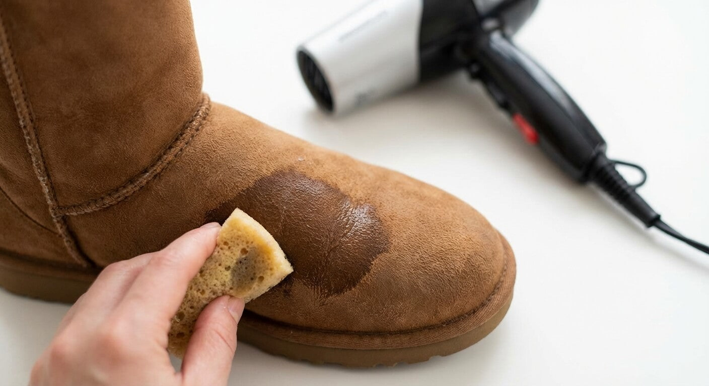A close-up of a hand cleaning a wet UGG boot with a sponge, with a hairdryer nearby, highlighting the risk of heat damage.