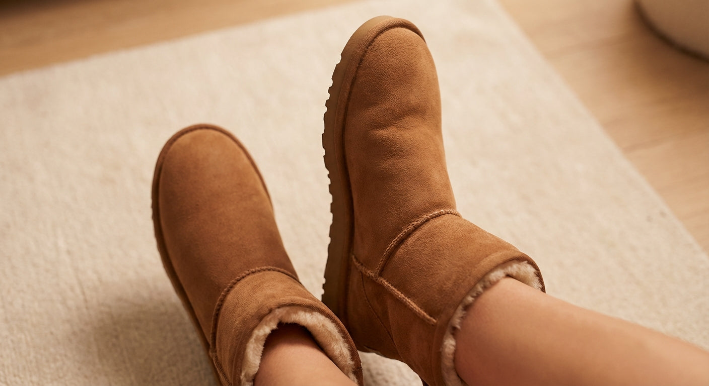 A person's feet inside UGG boots on a rug, showing the suede flexing as they are broken in.