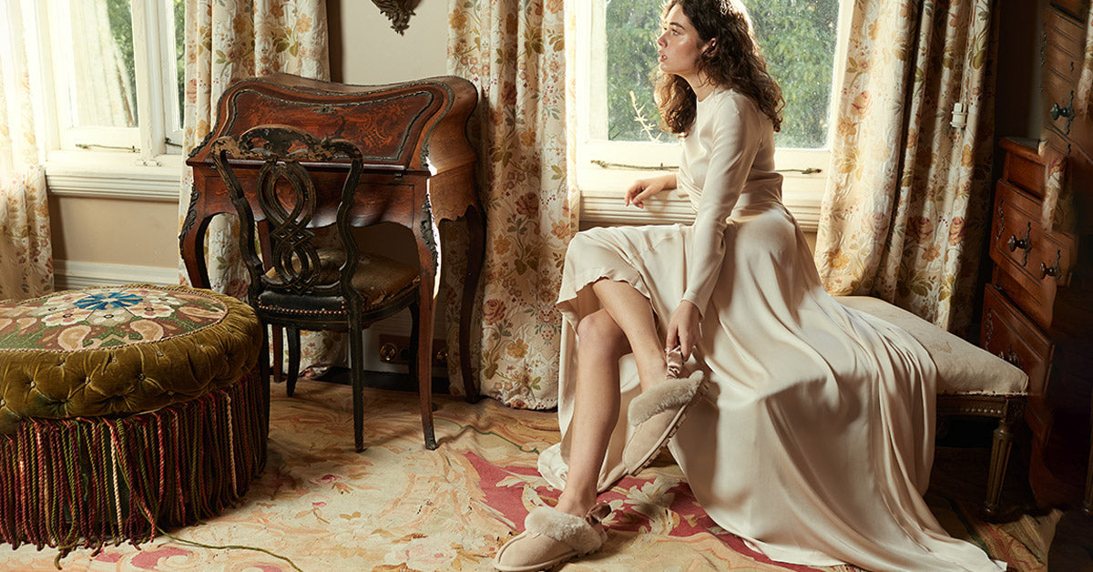 bride wearing UGG slippers after wedding