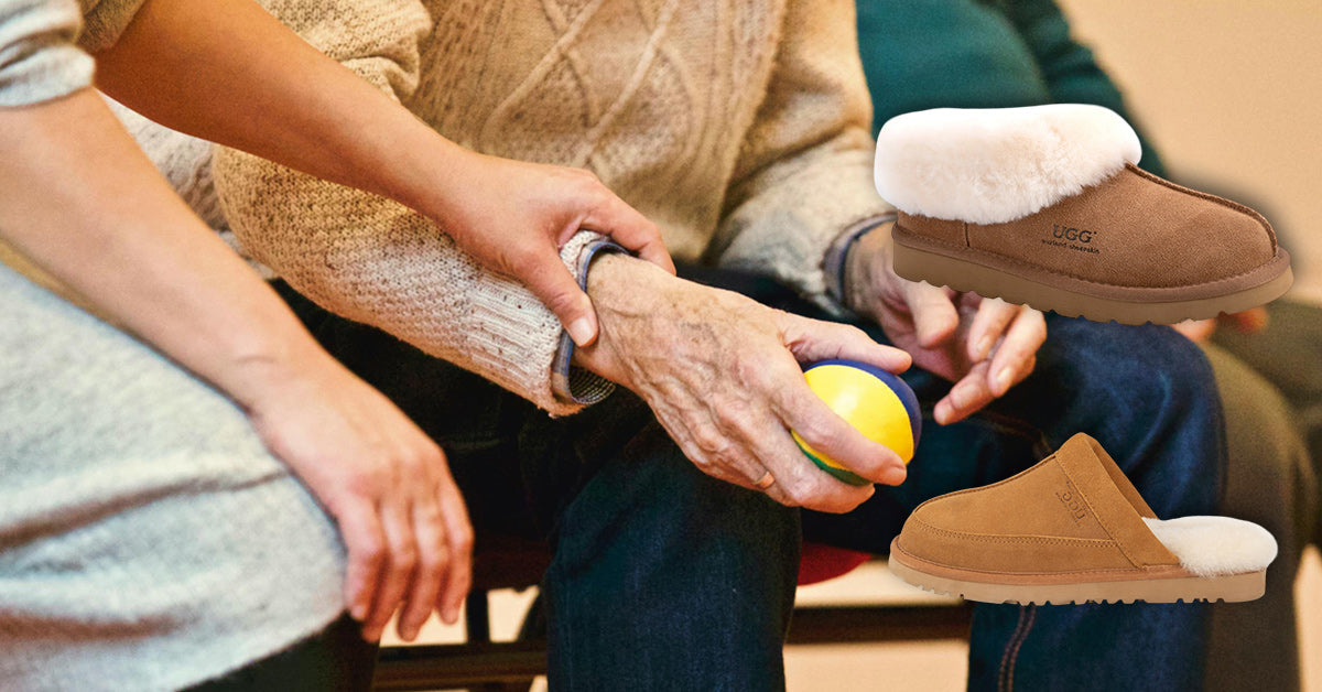 Caregiver bonding with her patient while wearing UGG slippers