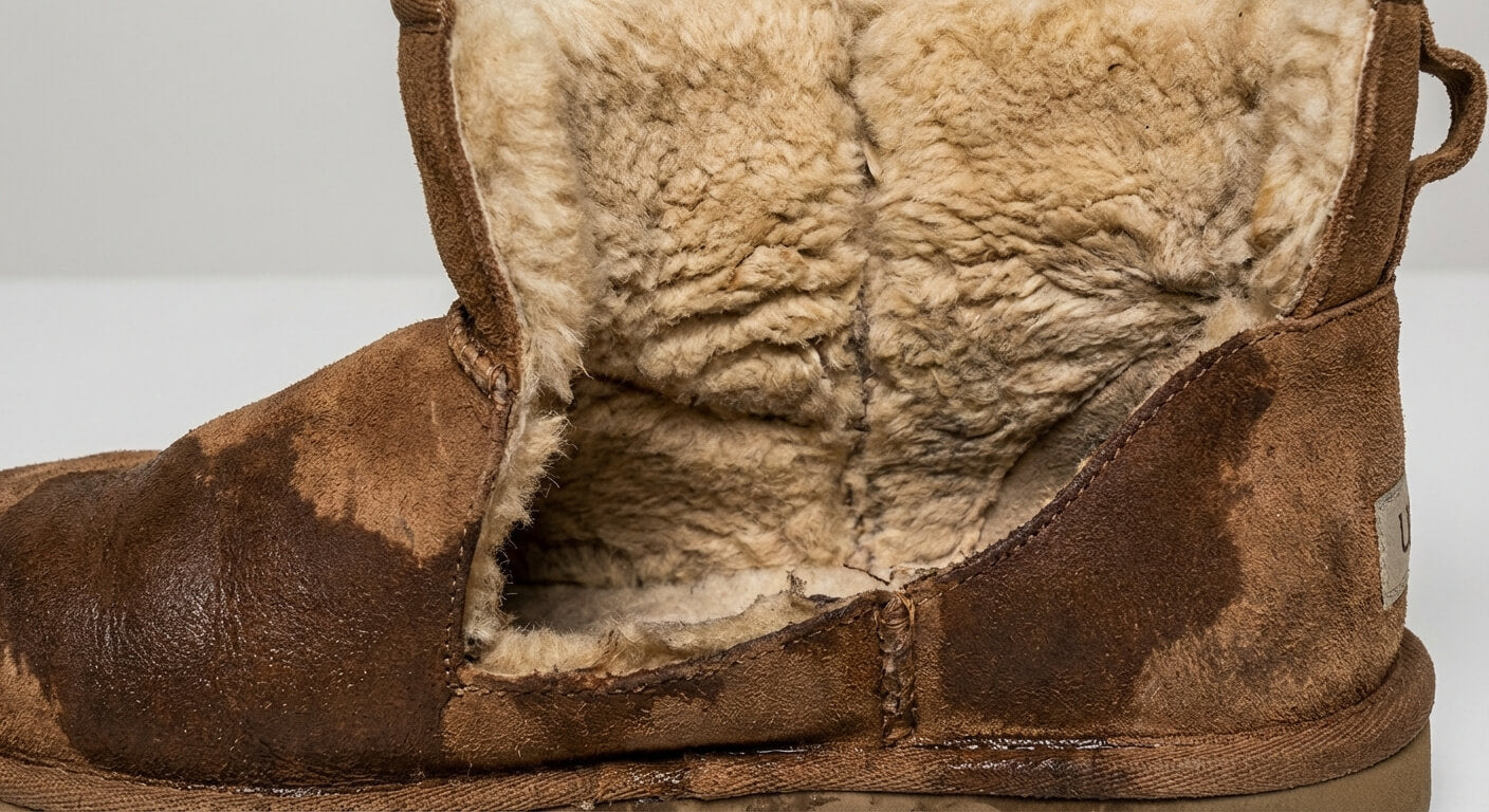 Detailed cross-section view of a wet UGG boot, showing the water-damaged suede exterior and matted wool lining, highlighting the effects of moisture.