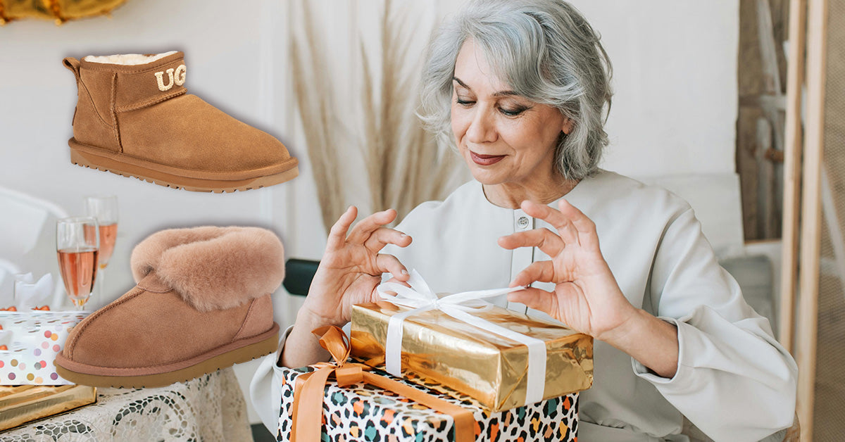 old woman opening her birthday gift that are UGG boots