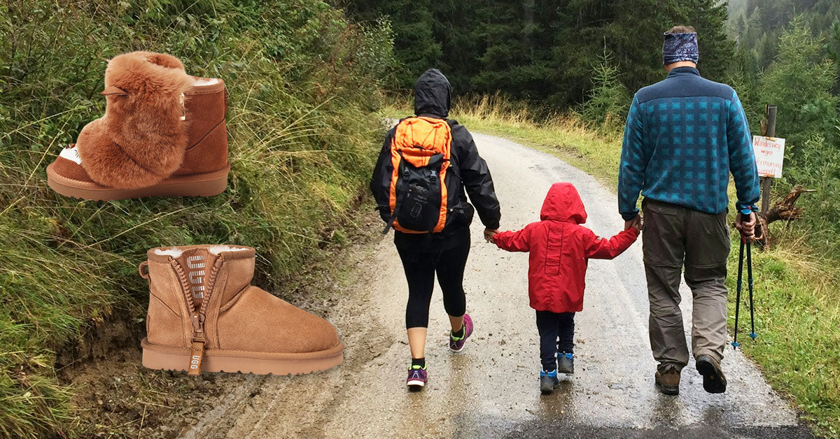 family of three hiking also having kids UGG boots on the side as top choice