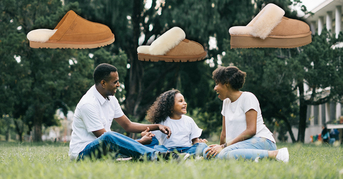 family of three playing outside with UGG Scuffs perfect for them