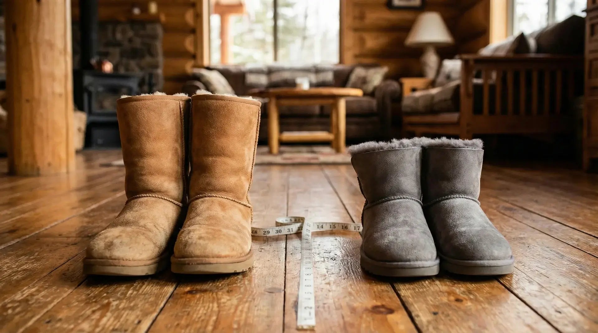 Men’s and women’s Australian sheepskin UGG boots side by side on wooden floor with measuring tape showing size comparison in cosy cabin setting