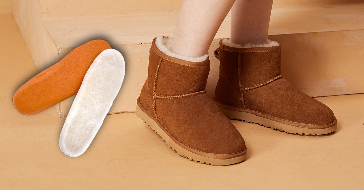 mini UGG boots in chestnut with a pair of insoles