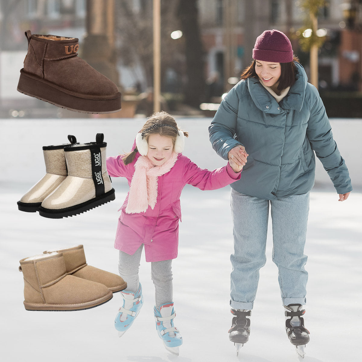 mother and daughter ice skating with UGG boots for post ice skating