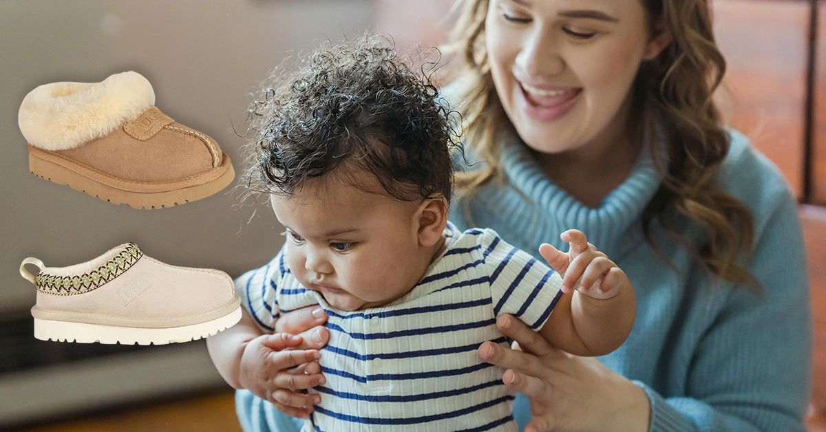 mother helping her baby to walk with puffy UGG slippers