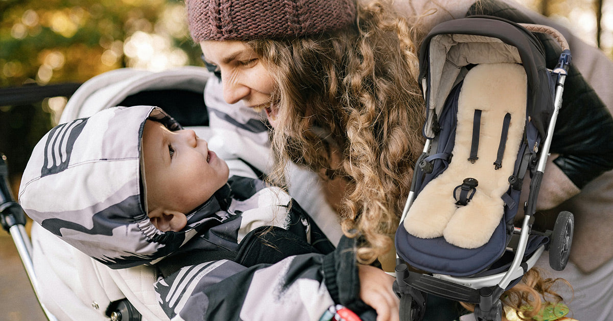 mum and son enjoying their strolling with UGG lambskin stroller liner
