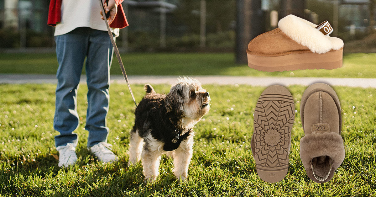 person dog walking and recommending UGG platform slippers to use