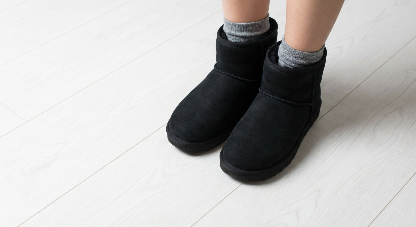 A person wearing black UGG Classic Mini boots with grey socks, standing on a light-coloured wooden floor.