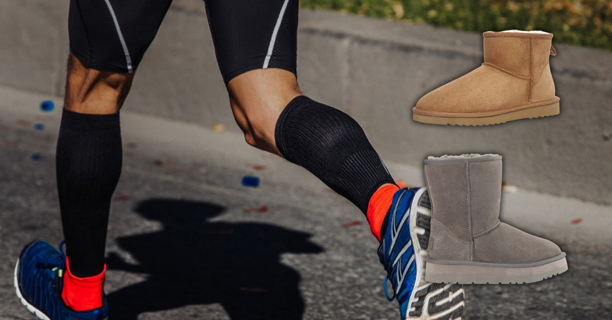 runner wearing compression socks with UGGs on the side to be paired
