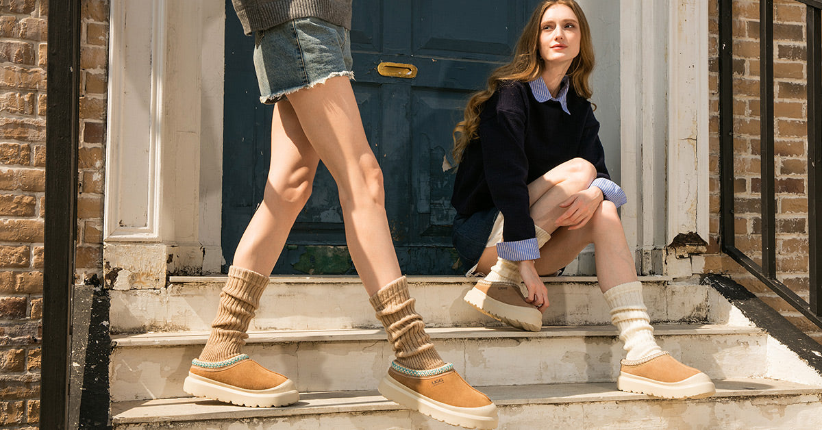 two women looking stylish with their viral UGG styles worn outside