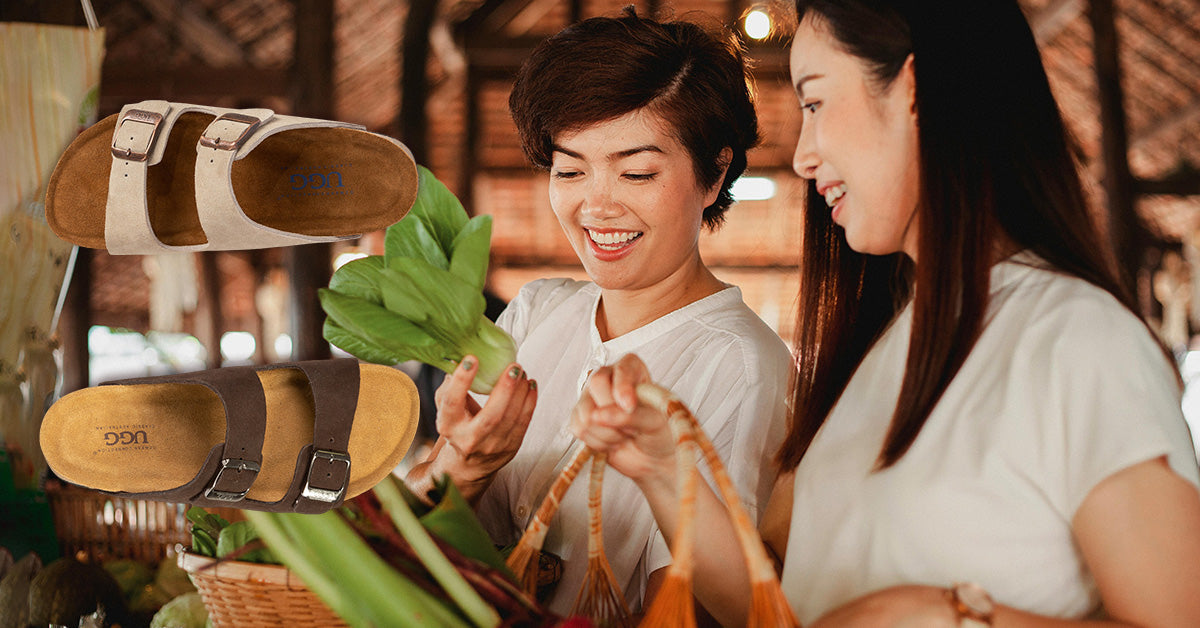 two women wearing at the market wearing UGG sandals