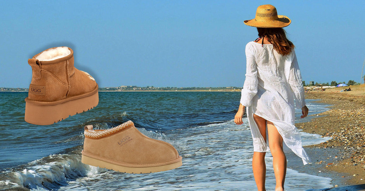 woman at coastal area in Australia wearing UGGs and beach attire