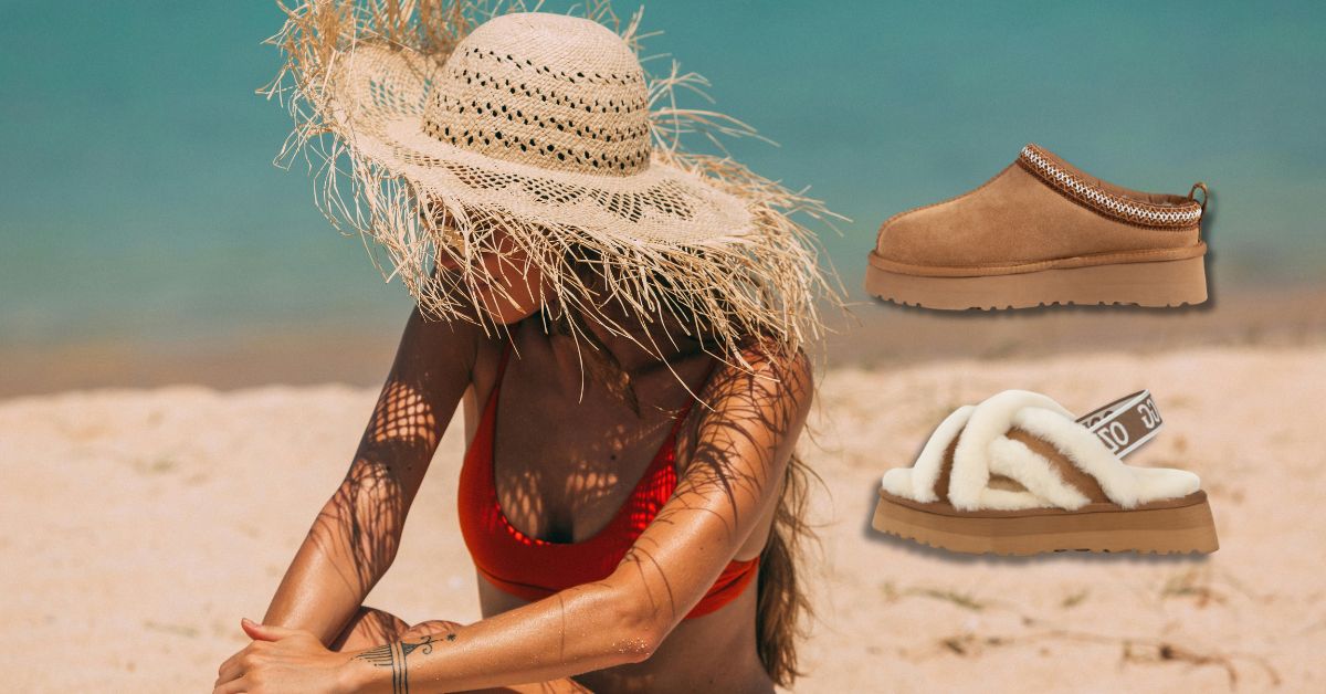 woman at the beach during summer with UGG slippers