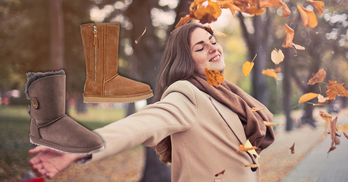 woman enjoying her Autumn vacation while wearing cosy oufit and UGG tall boots