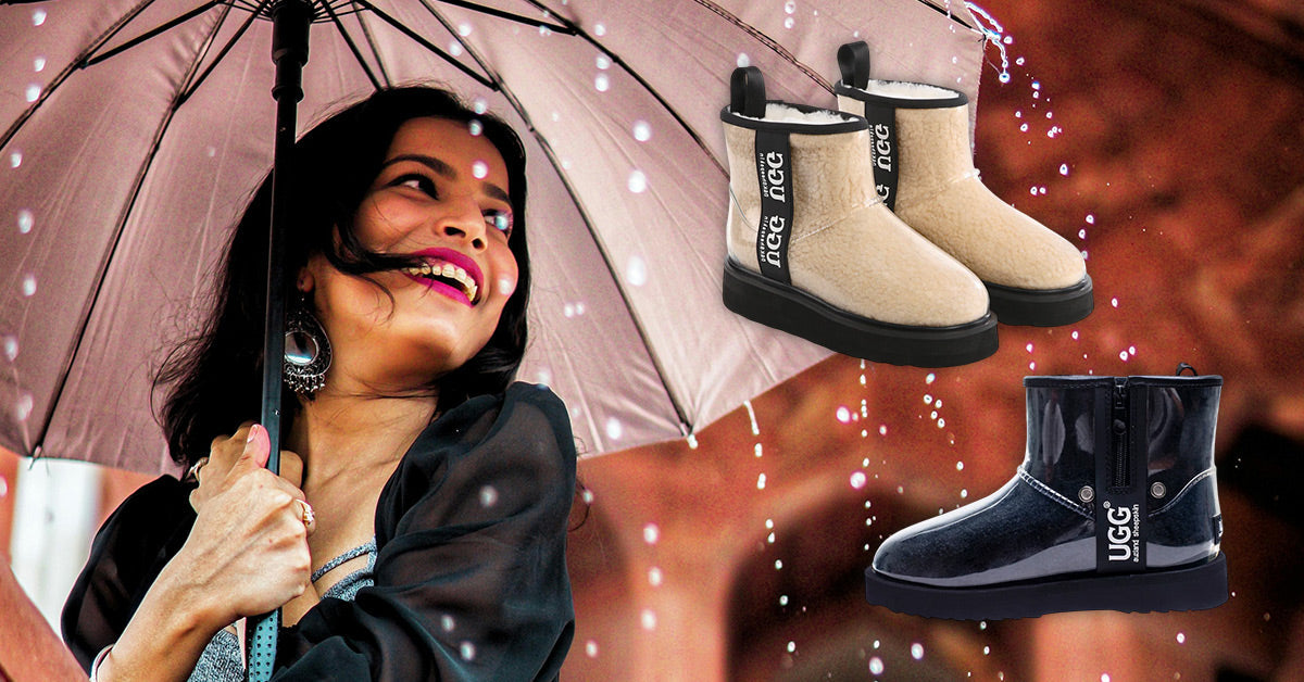 woman enjoying rainy days with UGG rain boots