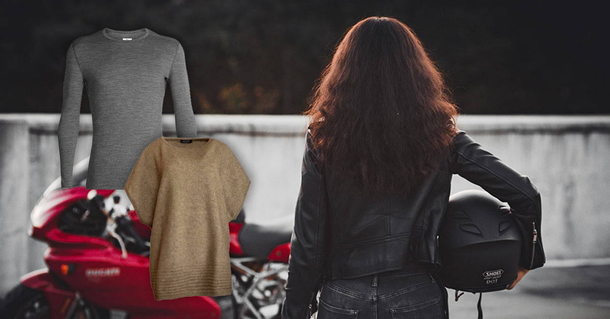 woman ready for the motorcycle ride wearing merino wool top