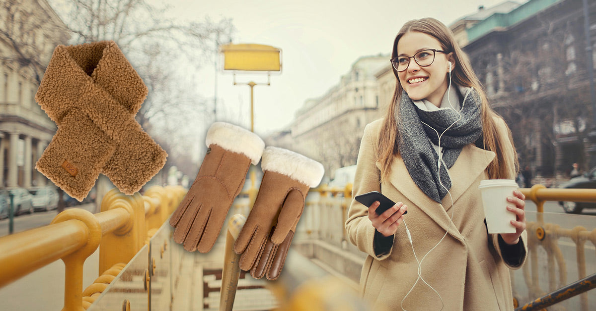 woman ready to commute feeling cosy with UGG scarf and UGG gloves at the side