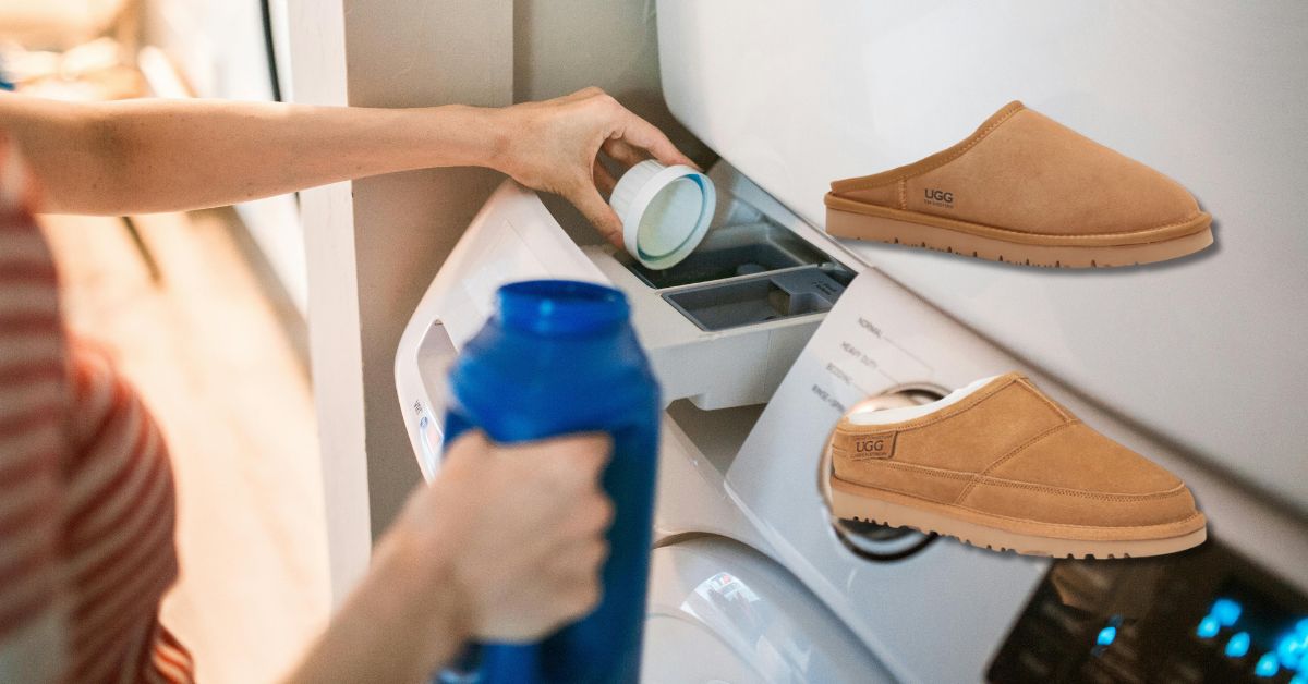 woman using washing machine and UGG slippers on the side
