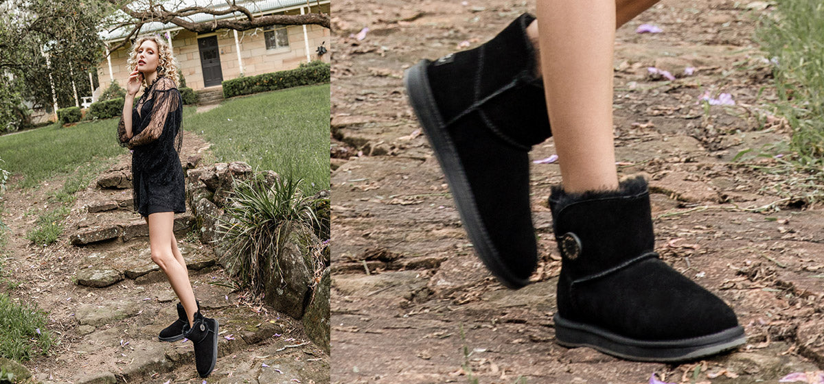 woman wearing all blacks for the party wearing Mini UGG button boots