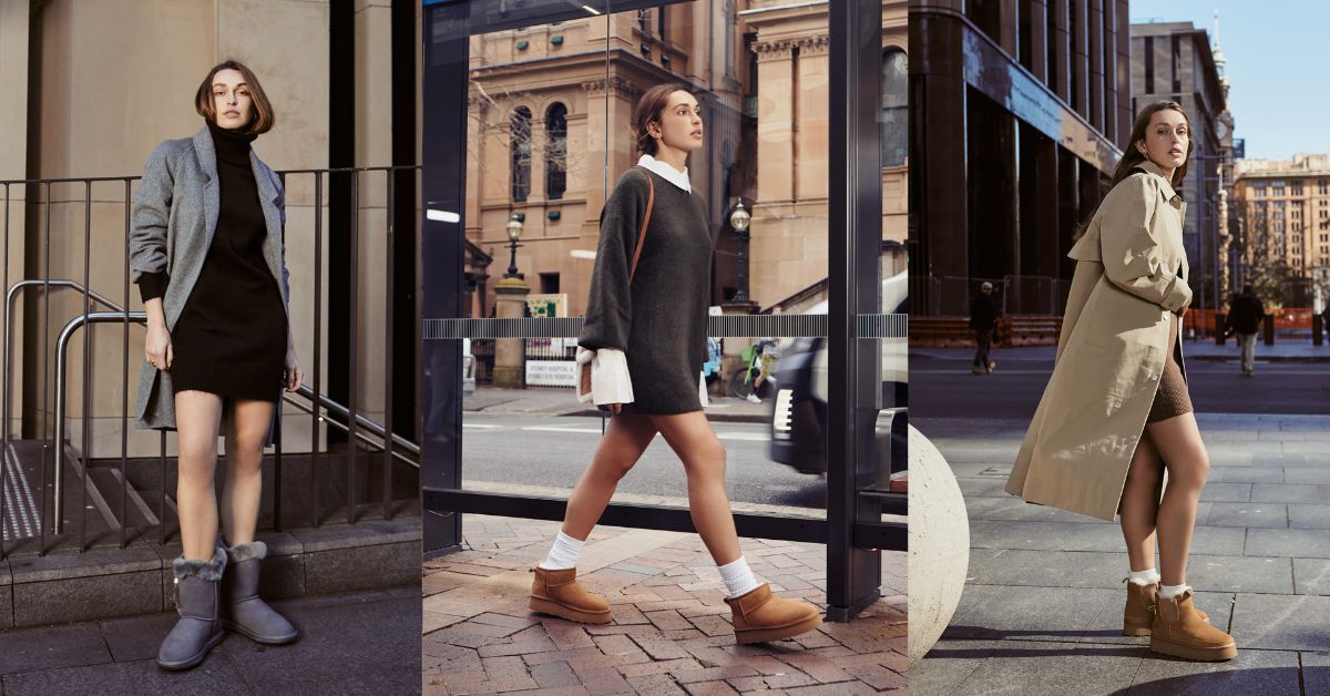 woman wearing different outfits paired with UGGs for cosy feet