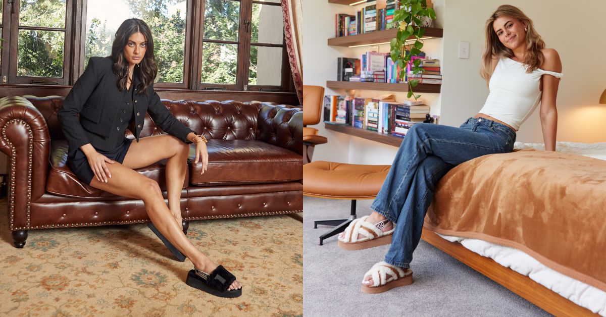 women wearing open toe UGG slides at home