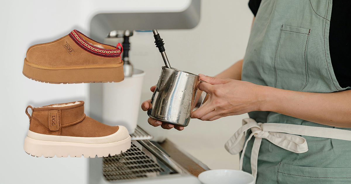 barista on duty wearing UGGs on counter