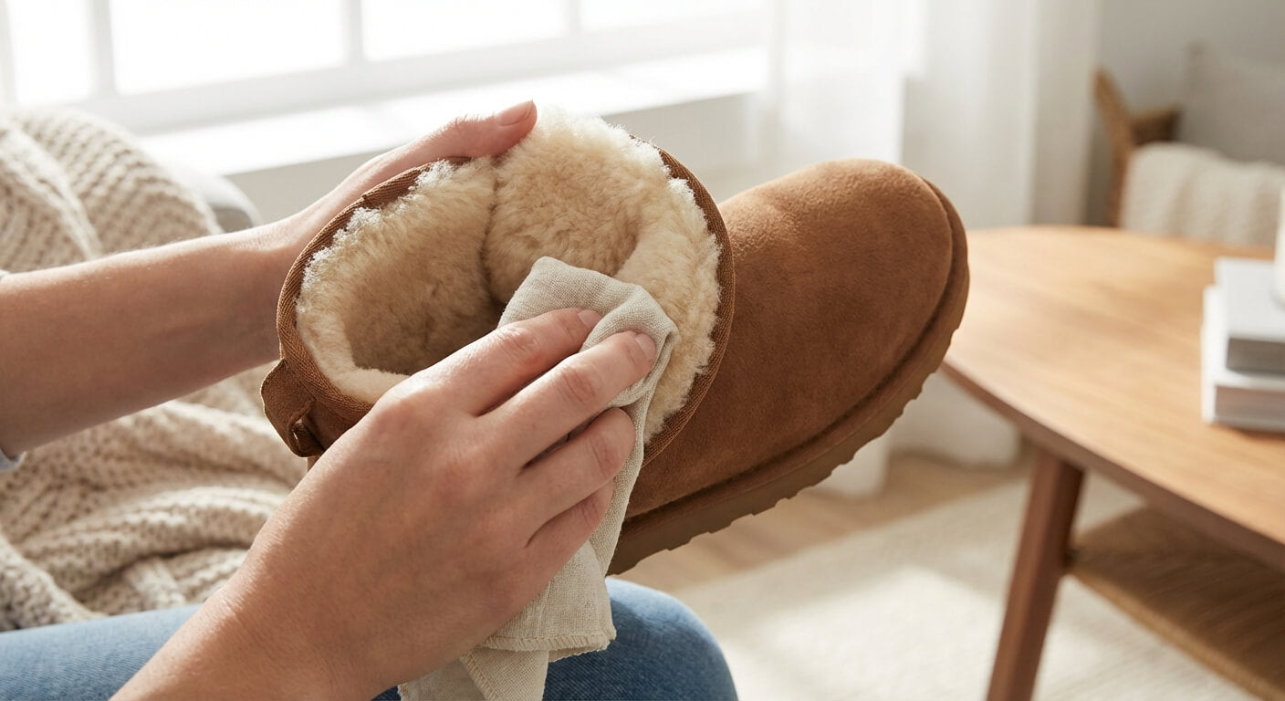 Hands gently wiping the interior wool lining of a brown UGG boot with a barely damp cloth.