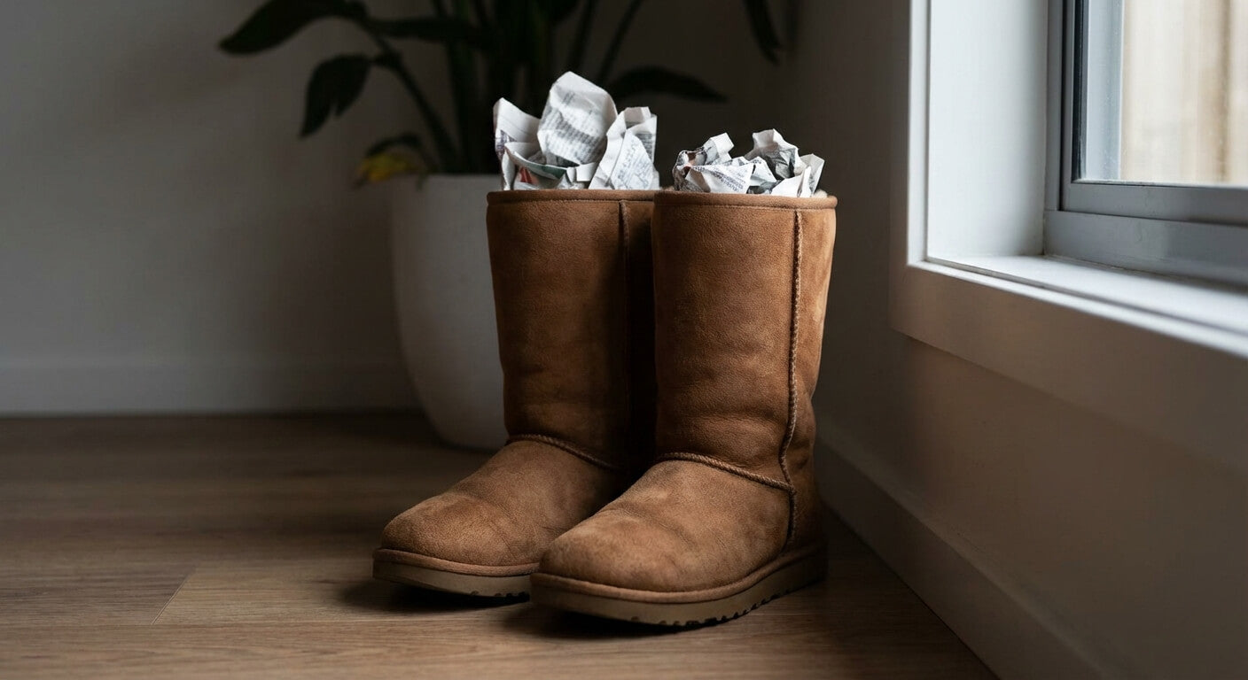 A pair of brown UGG boots stuffed with crumpled newspaper, sitting on a wooden floor to air dry in a shaded indoor corner by a window.