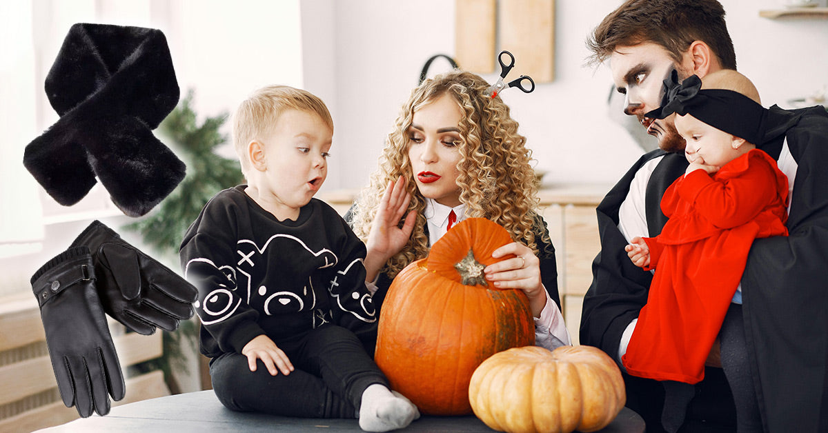 family on Halloween wearing UGG Scarf and UGG gloves