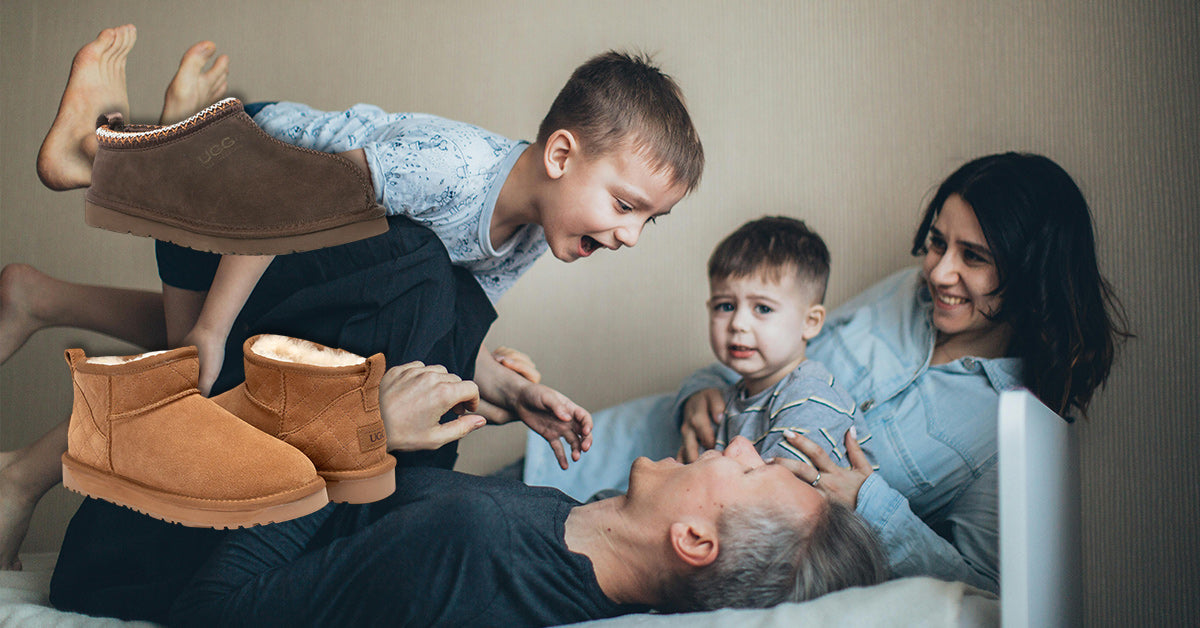 family playing at home with UGGs as their favourite footwear