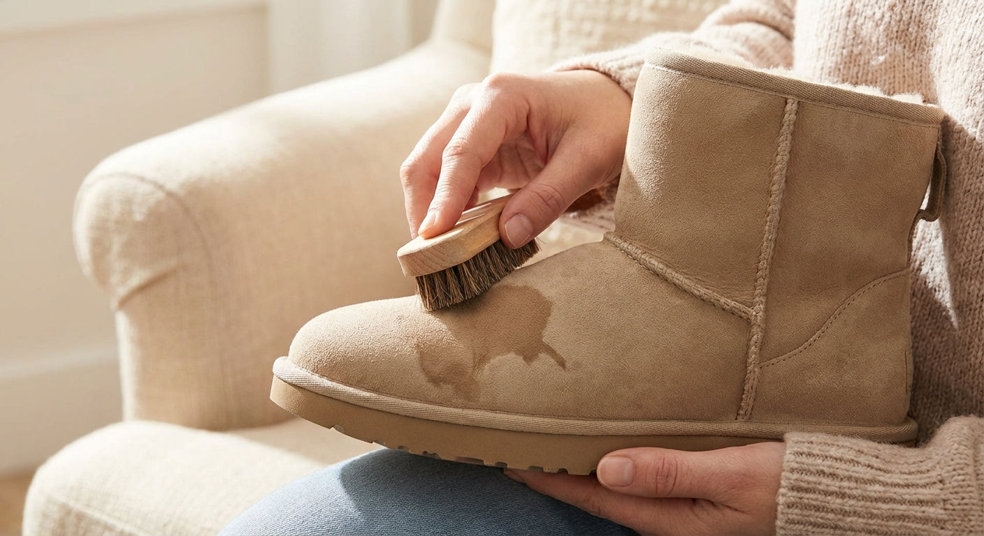 Close-up of a person's hand using a suede brush to gently clean a water stain on a sand-colored Ugg boot.