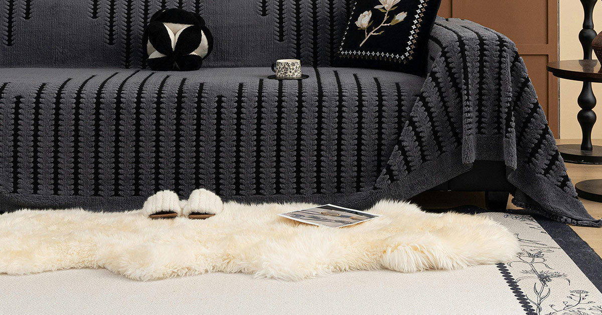 Living room with white sheepskin rug