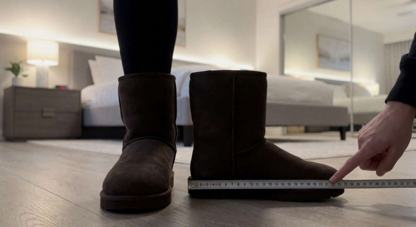 A hand holding a measuring tape next to a dark brown UGG boot to determine the correct size for wide feet.