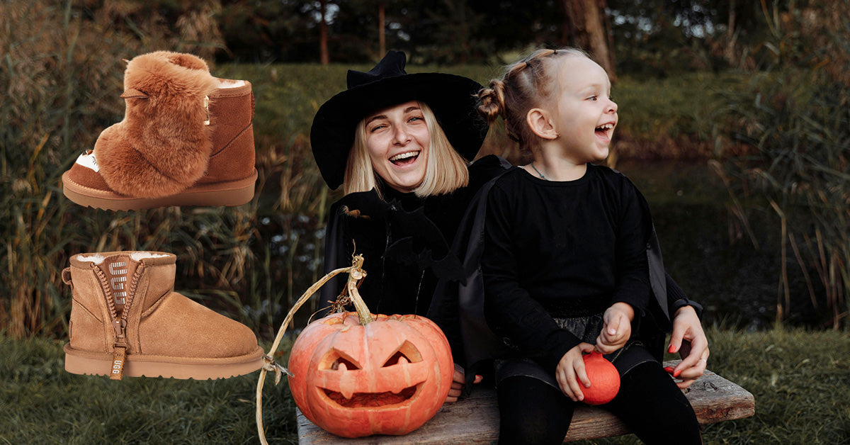 mom and kid wearing UGG boots for kids costume party
