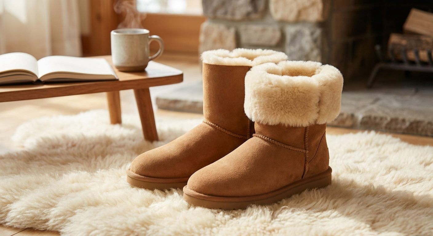 A pair of tan sheepskin UGG-style boots placed on a plush rug in a warm, sunlit room with a fireplace and a cup of tea in the background.