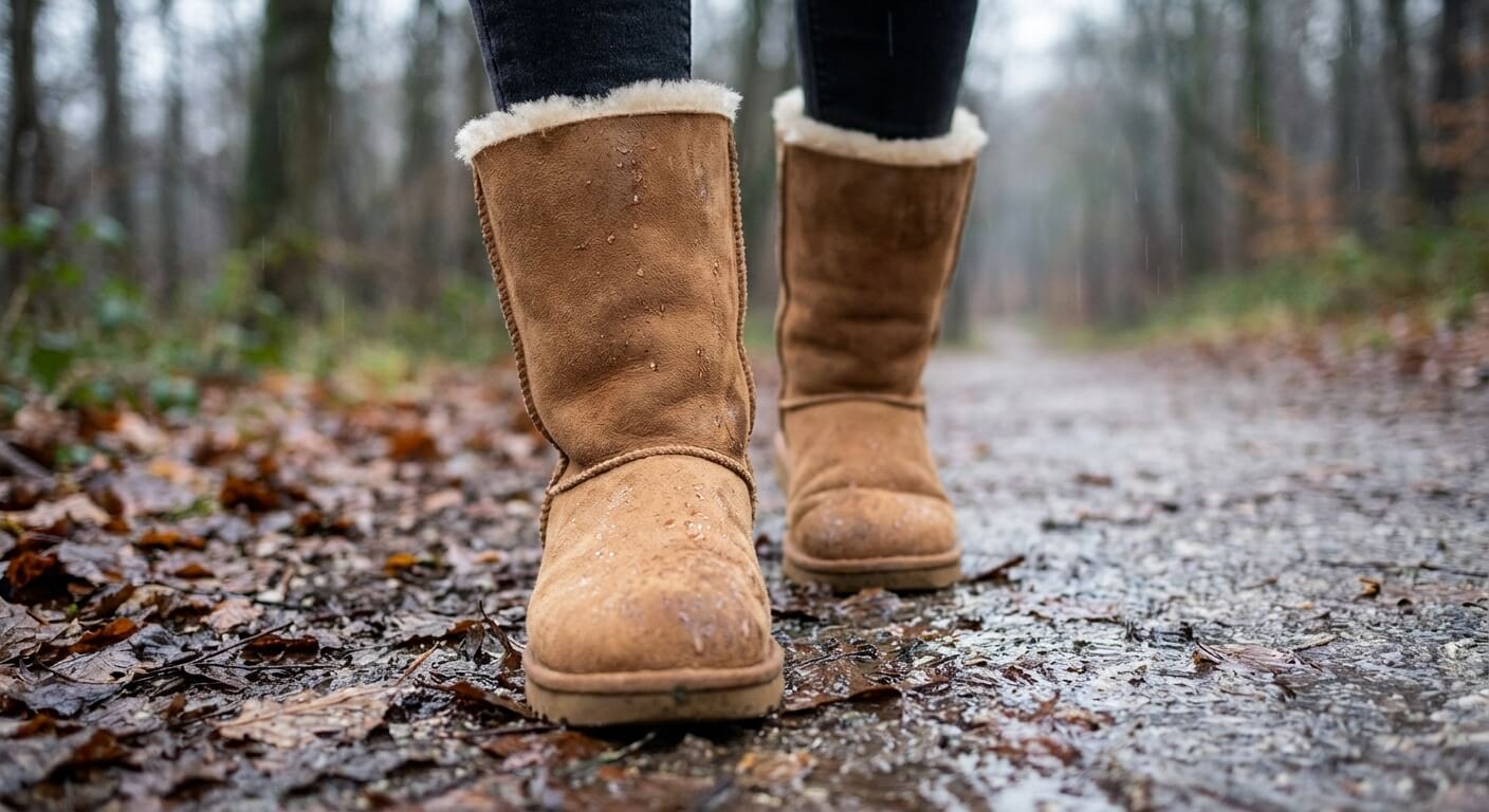 Close-up of a person wearing brown UGG boots walking on a wet, muddy path in a winter forest, with visible rain and moisture on the suede boots.