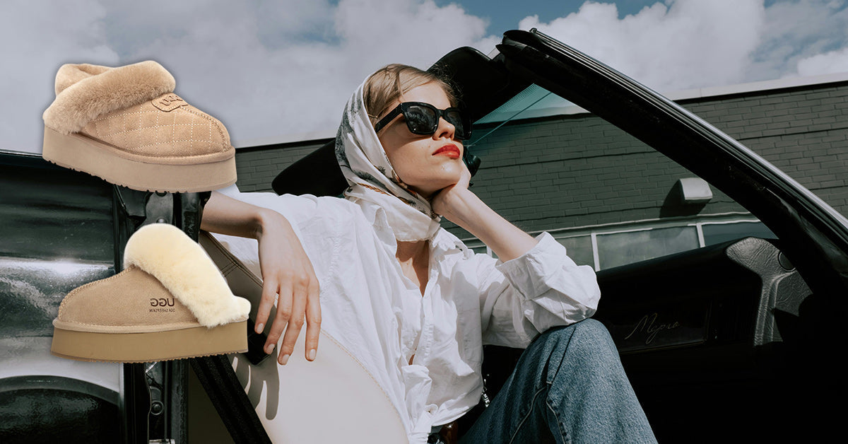 woman travelling in retro style with UGG platform slippers