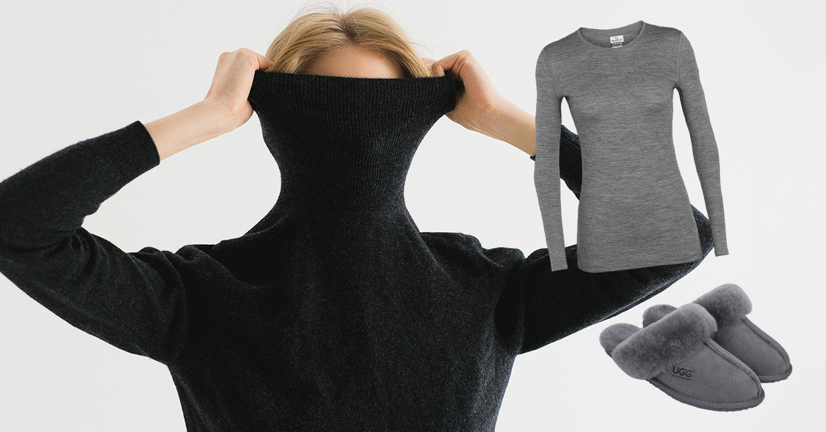 woman wearing her UGG merino wool pairing it with UGG slippers